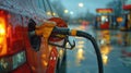 Fuel pump nozzle in a car\'s fuel tank at gas station at night Royalty Free Stock Photo