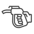 Fuel pump nozzle in hand, petrol station line icon, oil industry concept, gasoline vector sign on white background Royalty Free Stock Photo
