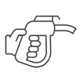 Fuel pump nozzle in hand, petrol station thin line icon, oil industry concept, gasoline vector sign on white background Royalty Free Stock Photo