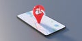 Refuel location. Map marker with fuel hose on a mobile phone, gray background. 3d illustration