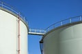 Fuel storage tanks with catwalk bridge against blue sky Royalty Free Stock Photo