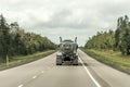 Fuel tanker track driving on mountain forest road in Canada