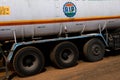 A fuel tanker tyres from a close up view