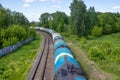 Fuel train, rolling stock with petrochemical tanks. Export Royalty Free Stock Photo