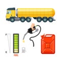 Fuel truck icons, gasoline equipment and supplies. Canister and hook