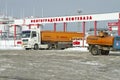 Fuel truck with an orange tank on the outskirts of Royalty Free Stock Photo