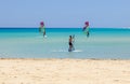 Fuerteventura , Canary island 08 June 2017 : A man is enjoying windsurfing. it is necessary to learn using a surf school Royalty Free Stock Photo