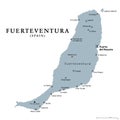 Fuerteventura island, gray political map, Canary Islands, Spain