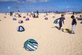 FUERTEVENTURA, SPAIN - NOVEMBER 10: Visitors enjoy beautiful display of flying kites of at 31th International Kite Festival,