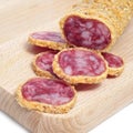 Fuet, spanish sausage, coated with onion