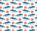 Fugu and shells, seamless pattern