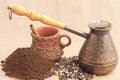 Fugural still life photo image of jezve, aroma coffee and pepper