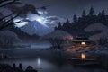 Fuji mount in Japan at night, Japanese landscape with temple by lake, illustration, generative AI