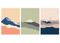 Fuji mountain background with Japanese pattern vector. Landscape template in vintage. Famous landmark in Japan.