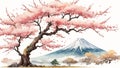 Fuji mountain with blooming cherry trees ins pring watercolor painted style