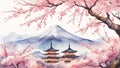 Fuji mountain with blooming cherry trees ins pring watercolor painted style