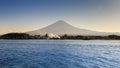 Fuji mountain view from Kawaguchi lake with smoke on the land, Kawaguchigo, Japan. Royalty Free Stock Photo