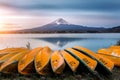 Fuji mountain and boat at Kawaguchiko lake, Japan Royalty Free Stock Photo