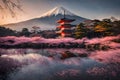 Fuji Mountain and cherry blossoms in Japan at sunset.