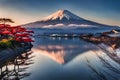 Fuji Mountain and cherry blossoms in Japan at sunset. View from Lake Kawaguchiko