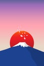 Fuji mountain with falling sakura petals and red sun in backgroud