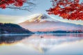 Fuji Mountain and Fisherman Boat with Red Maple Leaves in Autumn Morning Mist Day, Kawaguchiko Lake, Japan Royalty Free Stock Photo