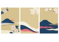 Fuji mountain with flower vector in Japanese style. Landscape background with wave pattern illustration