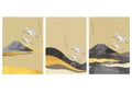 Fuji Mountain With Gold Foil Texture In Japanese Style. Landscape Background With Wave Pattern And Black Watercolor Illustration