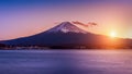 Fuji mountain and Kawaguchiko lake at sunset, Autumn seasons Fuji mountain at yamanachi in Japan