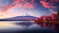 Fuji mountain and Kawaguchiko lake at sunset, Autumn seasons Fuji mountain at yamanachi in Japan Royalty Free Stock Photo