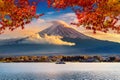 Fuji mountain and Kawaguchiko lake at sunset, Autumn seasons Fuji mountain at yamanachi in Japan Royalty Free Stock Photo