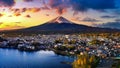 Fuji mountain and Kawaguchiko lake at sunset, Autumn seasons Fuji mountain at yamanachi in Japan