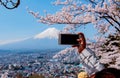 Fuji mountain landscape. Travel and sightseeing in Japan on holiday. Relax and recreation for Sakura flower
