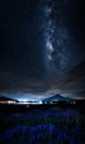 Fuji Mountain and Milky Way with Lavender Field at Kawaguchi Lake, Japan