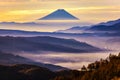 Fuji Mountain and Morning Mist at Takabocchi HIghlands in Autumn, Nagano, Japan Royalty Free Stock Photo