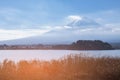 Fuji mountain over lake winter season scene