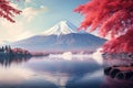 Fuji mountain with red maple leaf and lake in autumn season. Colorful Autumn Season and Mount Fuji with morning fog and red leaves Royalty Free Stock Photo