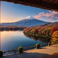 Fuji Mountain and Red Maple Leaves Frame in Autumn at Kawaguchiko Lake, Japan made with Generative AI Royalty Free Stock Photo