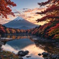 Fuji Mountain and Red Maple Leaves Frame in Autumn at Kawaguchiko Lake, Japan made with Generative AI Royalty Free Stock Photo