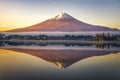 Fuji Mountain Reflection with Morning Mist at Sunrise, Kawaguchiko Lake, Japan Royalty Free Stock Photo