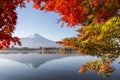 Fuji Mountain Reflection and Red Maple Leaves in Autumn at Kawaguchiko Lake, Japan Royalty Free Stock Photo