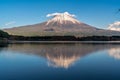 Fuji mountain reflections, first snow in autumn season and ducks swimming at Tanuki Lake(Tanukiko). Japan Royalty Free Stock Photo