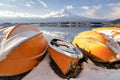 Fuji Mountain Relfection and Tourist boats in Winter, Kawaguchiko Lake, Japan Royalty Free Stock Photo