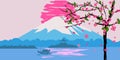 Fuji Mountain sunrise landscape Japan panorama. Cherry blossom tree spring, Lake, sun, boat Asian temple vector