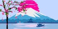 Fuji Mountain sunrise landscape Japan panorama. Cherry blossom tree spring, Lake, sun, boat Asian temple vector