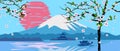 Fuji Mountain sunrise landscape Japan panorama. Cherry blossom tree spring, Lake, sun, boat Asian temple vector