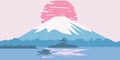 Fuji Mountain sunrise landscape Japan panorama. Lake sun boat Asian temple vector illustration poster banner isolated