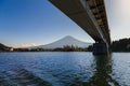 Fuji mountain view from Kawaguchi lake ferry with the bridge, Kawaguchigo, Japan.