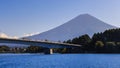 Fuji mountain view from Kawaguchi lake ferry with the bridge, Kawaguchigo, Japan. Royalty Free Stock Photo