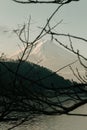 Fuji mountain view and Kawaguchiko lake with tree branch in morning sunrise, winter seasons at yamanachi, Japan.